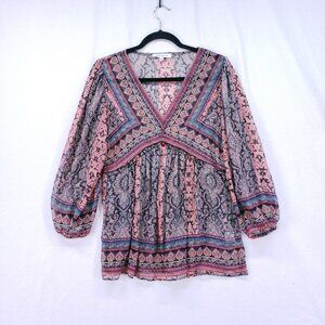 Rose and Olive Colorful Boho Romantic Sheer Geometric Blouse Relaxed Size S